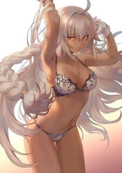 1girls ahoge armpits arms_up backlighting bangs bare_shoulders blush bra braid breasts breasts_apart cleavage collarbone cropped_legs dark_skin fate/grand_order fate_(series) floral_print gloves gradient gradient_background hair_between_eyes hands_in_hair highres lace-trimmed_bra lace-trimmed_lingerie lace-trimmed_panties lakshmibai_(fate/grand_order) legs legs_together lingerie long_hair looking_at_viewer mashu_003 medium_breasts navel panties parted_lips signature solo thigh_gap thighs twin_braids twitter_username underwear very_long_hair white_background white_bra white_gloves white_hair white_panties