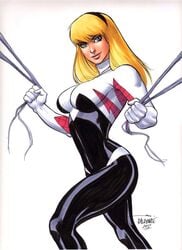 1girls athletic_female blonde_hair costume female female_only gwen_stacy hairband marvel marvel_comics scott_dalrymple solo spider-gwen spider-man_(series) web