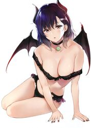 black_bra black_panties blue_hair blush bra breasts cleavage demon demon_girl demon_horns demon_wings female female female_only highres lingerie looking_at_viewer original panties red_eyes strap_slip umakuchi_shouyu