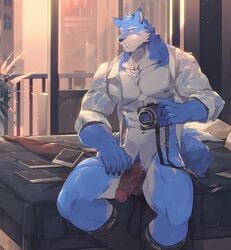 2019 abs anthro blue_eyes camera canid canine canis clothing digital_media_(artwork) fur hi_res kemono male male_only mammal maotengo muscular muscular_male nipples pecs penis tengo wolf