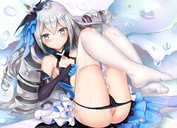 blue_eyes blush bronya_zaychik dress gray_hair honkai_impact kanon_12361024 long_hair nopan panties pussy thighhighs twintails uncensored underwear