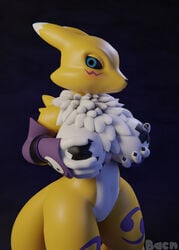 2019 3d anthro bacn big_breasts blue_eyes breasts canid canine digimon digimon_(species) female fingers fox fur hi_res looking_at_viewer mammal navel nipple_tape nude pasties renamon renamon_(bacn) simple_background solo tape yellow_fur