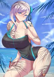 1girls breasts cleavage fate/grand_order fate_(series) female female_only large_breasts looking_at_viewer miyamoto_musashi_(fate) miyamoto_musashi_(swimsuit_berserker) one-piece_swimsuit solo swimsuit torahime