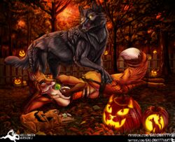 animal_genitalia anthro autumn black_fur breasts brown_fur candy canid canine canis clothing costume female feral food forest fox fur halloween holidays jack-o'-lantern legwear licking licking_lips lollipop magic_user male mammal orange_fur pussy salonkitty sheath spirit stockings tongue tongue_out tree white_fur witch wolf