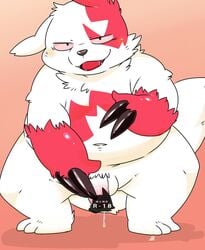 1boy 2019 anthro belly big_belly blush bodily_fluids censored cum feet flaccid genital_fluids hi_res male male_only mammal navel nintendo nude overweight overweight_male penis pokémon_(species) pokemon pokemon_(species) pokemon_rse simple_background solo teeth testicles text tiri_mama video_games watermark zangoose