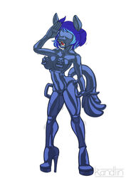 2019 anthro blindfold blue_hair bodysuit bondage clothing equid equine fan_character female footwear gag gesture hair handles hi_res high_heels horse kandlin love_doll mammal monique_(oc) my_little_pony nipple_mouth nipple_outline open_mouth open_mouth_gag pony pussy ring_gag rubber salute shoes solo standing tight_clothing wide_hips