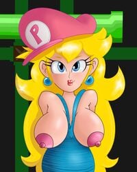 1girls areola blonde_hair blue_eyes breasts busty clothing earrings female female_only hat human jewelry large_breasts long_hair looking_at_viewer mario_(series) nintendo nipples overalls pipes princess_peach solo super_mario_bros._3 suspenders tagme very_long_hair voluptuous warp_pipe wildswingding