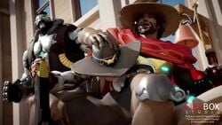 1girls 2boys 3d animated ashe_(overwatch) blender bob_(overwatch) cole_cassidy deepthroat erection fellatio female fireboxstudio hand_on_head large_penis male oral overwatch penis penis_through_fly robot sound straight video voyeur