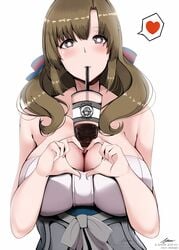 1girls astraea_(atelierastraea) breasts brown_hair bubble_tea_challenge busty cleavage clothed clothes drink drinking female female_only heart heart-shaped_pupils heart_eyes huge_breasts oosuki_mamako purple_eyes solo text tsuujou_kougeki_ga_zentai_kougeki_de_ni-kai_kougeki_no_okaasan_wa_suki_desu_ka? url watermark