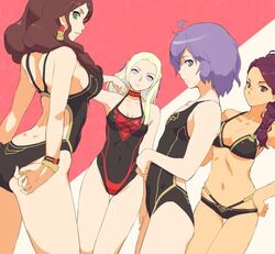 4girls bernadetta_von_varley bikini black_clothing bracelet brown_eyes brown_hair dorothea_arnault earrings edelgard_von_hresvelg female_only fire_emblem fire_emblem:_three_houses gray_eyes green_eyes grey_eyes hair_accessory hair_ribbon ianrakonekov multiple_girls nintendo one-piece_swimsuit petra_macneary purple_eyes purple_hair red_clothing sideboob swimsuit tan_skin tattoo white_hair