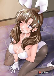 1girls ass breasts brown_hair cum cum_in_hair cum_on_breasts cum_on_face cum_on_upper_body facial female female_only large_breasts long_hair looking_at_viewer oosuki_mamako open_mouth pantyhose patreon purple_eyes sitting solo text tsuujou_kougeki_ga_zentai_kougeki_de_ni-kai_kougeki_no_okaasan_wa_suki_desu_ka? url wariza watermark yf_studio