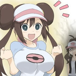 2girls aqua_eyes bare_shoulders big_breasts blush bouncing_breasts breast_envy breast_size_difference breasts brown_hair clothed double_bun empty_eyes envy eye_contact female female_only flat_chest game_freak happy hat hilda_(pokemon) huge_breasts human jealous large_breasts looking_at_viewer motion_lines nintendo open_mouth oro_(zetsubou_girl) pokemon pokemon_bw pokemon_bw2 ponytail rosa_(pokemon) shirt source_request tongue twintails vest