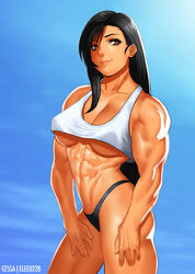 1girls abs belly big_breasts black_hair black_panties blue_background breasts brown_eyes cessa cleavage deviantart elee0228 female female_only final_fantasy final_fantasy_vii long_hair midriff muscles muscular muscular_arms muscular_female navel panties shirt smile solo standing text tifa_lockhart underboob watermark