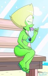 beach bikini blush breasts cubedcoconut feet female female_only flip_flops glasses green_bikini green_eyes green_sandals green_skin hand_on_leg licking_pallete looking_at_viewer mr._chase_comix peridot_(steven_universe) sandals sitting steven_universe thighs tongue yellow_hair