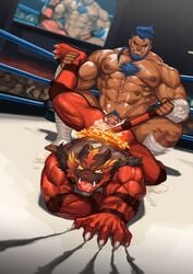 2boys abs ahe_gao anal anal_sex bara black_fur bodily_fluids body_hair chest_hair claws crown cum cum_in_ass cum_inside detailed_background domination erection facial_hair feline fighting_ring fur gay genital_fluids hair hairy hi_res human incineroar interspecies looking_pleasured male male_only mammal muscular muscular_male nintendo nipples pecs penetration penis pokémon_(species) poképhilia pokemon pokemon_sm pubic_hair red_fur sex stripes tail_pull teeth traver009 video_games yaoi