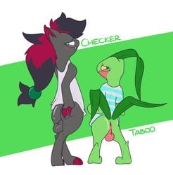 2019 2boys alternate_color anus ass blush canine checker claws clothed clothing digital_media_(artwork) duo feral fur grovyle hair hi_res lechecker male male_only mammal nintendo nude original_character pokémon_(species) pokemon pokemon_(species) pokemon_bw pokemon_rse simple_background smile testicles text video_games zoroark