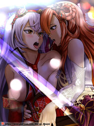 2girls arnas_(yoru_no_nai_kuni) arnice bar_censor blonde_hair braid breasts censored collarbone convenient_censoring couple eye_contact flower french_kiss goggles goggles_on_head groping hair_flower hair_ornament hand_on_another's_crotch highres hocen kissing large_breasts lilysse long_hair looking_at_another lyuritis_(yoru_no_nai_kuni) multiple_girls neck necktie nights_of_azure petals saliva tongue very_long_hair white_hair yellow_eyes yoru_no_nai_kuni yuri