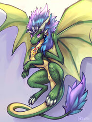 2019 4_toes claws dragon female feral green_scales hair hi_res horn membrane_(anatomy) membranous_wings oksara purple_eyes purple_hair pussy scales scalie solo toes western_dragon wings