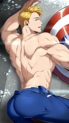 1boy ass back_muscles back_view blonde blonde_hair blue_eyes bubble_ass bubble_butt butt captain_america clothed clothing dat_ass human human_only kuroshinki light-skinned_male light_skin looking_at_viewer male_only marvel muscle muscles muscular muscular_male pants_only presenting presenting_ass presenting_butt shirtless solo solo_focus solo_male steve_rogers thick_ass vein veins veiny_muscles