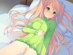 akinashi_yuu blush brown_hair censored clothing female green_eyes koi_to_senkyo_to_chocolate pajamas sumiyoshi_chisato