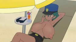 1girls alternate_breast_size areolae armpits beach belt big_breasts breasts breasts_apart brown_eyes clothes clothing dark_skin drink edit erect_nipples eyelashes eyewear_removed female game_freak hat huge_breasts human human_only lying_down lying_on_back navel nintendo nipples nude_filter officer_jenny_(alola) officer_jenny_(pokemon) pokemon pokemon_(anime) pokemon_rgby police police_hat police_officer policewoman puffy_nipples sagging_breasts sand screenshot screenshot_edit shadow skirt sunglasses sunglasses_removed teal_hair tipping_hat topless umbrella yetig