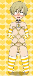 ahe_gao blonde_hair fnafhs golden_(fnafhs) grey_eyes male_only sarah21sugardust vibrator white_gloves white_stockings yellow_background yellow_stripes