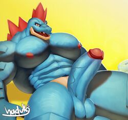 1boy 2019 abs anthro anthrofied blue_skin erection feraligatr front_view haduko1 hi_res huge_penis humanoid_penis looking_at_viewer male male_only moobs muscular muscular_male nintendo nipples original_character pecs penis pokémon_(species) pokemon pokemon_gsc reptile scalie solo testicles text veins veiny_penis video_games watermark