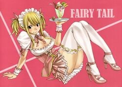 absurdres alternate_costume arm_support blonde_hair blush bow breasts brown_eyes cleavage copyright_name enmaided fairy_tail female food frills fruit full_body high_heels higher_resolution_available highres ice_cream large_breasts lucy_heartfilia maid mashima_hiro official_art pink_background pink_footwear pink_theme pumps ribbon scan shoes sitting smile solo strawberry sundae tattoo thighhighs tray white_legwear wrist_cuffs