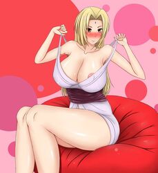 1girls big_breasts blonde_hair blush breasts brown_eyes busty cleavage deuzlul dress female female_only forehead_jewel human large_breasts legs mature_female naruto naruto_(series) naruto_shippuden nipples red_face revealing_clothes sitting solo thighs tsunade undressing voluptuous wide_hips yellow_hair