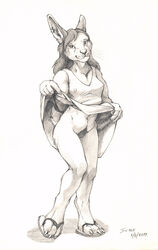 2019 4_toes 5_fingers anthro biped bottomwear breasts claws clothed clothing clothing_lift ear_piercing ear_ring female fingers fur hair hi_res horn lagomorph leporid mammal navel nipple_outline piercing pubes pussy rabbit scale_(artist) simple_background skirt skirt_lift solo standing toe_claws toes traditional_media_(artwork) whiskers white_background