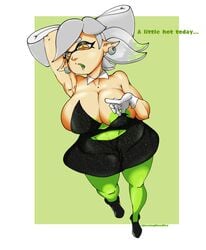 1girls areola_slip armpit big_breasts boob_window grey_hair humanoid inner_sideboob marie_(splatoon) morningwoodboy no_bra sideboob splatoon squid_sisters teasing tight_dress tummy undressing white_gloves