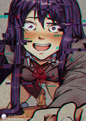 1boy 1girls anna_matronic blush blushing bottomless bottomless_female clothing corruption crazy_eyes cum cum_in_pussy cum_inside cum_string doki_doki_literature_club duo eye_contact female glitch hair hand_on_another's_chest hand_on_penis happy_sex imminent_rape imminent_sex looking_at_viewer male mouth_open nude_male open_mouth penis pov pov_eye_contact purple_eyes purple_hair pussy rape reverse_rape smile smiling smiling_at_viewer stealing_seed straight video_games yandere yuri_(doki_doki_literature_club)