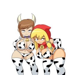 2girls a_hat_in_time cow_costume cow_girl cow_horns cow_print cowbell female_only hat_adult hat_kid hood horns huge_breasts iggy-bomb multiple_girls mustache_adult mustache_girl posing white_background