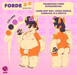 2019 4_fingers 4_toes ass belly big_butt big_feet brown_eyes canid canine canis character_name color_swatch domestic_dog elbow_tufts english_text fingers flaccid flower forde_(ropnolc) foreskin hair herding_dog information long_ears male mammal model_sheet neck_tuft nipples nude overweight overweight_male pastoral_dog pattern_background pawpads paws penis pink_background plant pompadour ropnolc short_hair simple_background snout tailless text thick_thighs toes tuft uncut unretracted_foreskin welsh_corgi