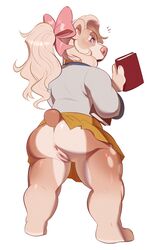 2019 anthro anus ass blonde_hair blue_eyes blush book bottomwear bow clothing female hair holding_object igiveyoulemons looking_back mammal shirt simple_background skirt solo standing surprise thick_thighs topwear ursid white_background