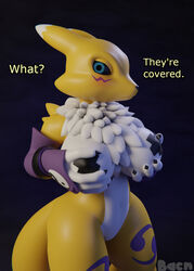 2019 3d anthro bacn big_breasts blue_eyes breasts canid canine dialogue digimon digimon_(species) english_text female fingers fox fur hi_res looking_at_viewer mammal navel nipple_tape nude pasties renamon renamon_(bacn) simple_background solo tape text yellow_fur