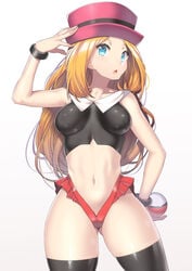 1girls abs alternate_breast_size alternate_outfit arm_up armpits belly black_thighhighs blonde_hair blue_eyes breasts cameltoe eye_contact female female_only ginger hat human human_only long_hair looking_at_viewer midriff nagase_haruhito navel nintendo panties poke_ball pokemon pokemon_xy pose red_panties roluds serena_(pokemon) serena_(pokemon_games) shiny_skin shirt solo source_request stockings tagme thick_thighs thigh_gap thighhighs tight_clothing white_background wide_hips