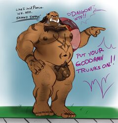 1boy 5_fingers 5_toes 6pklion absurd_res armpit_hair balding balls ballsack bara barefoot_on_grass beard_stubble beefy belly biceps big_balls big_penis body_hair brown_hair brown_nipples brown_penis brown_skin casual_nudity chest_hair daigon_(6pklion) dark_penis dialogue english english_text eyebrows facial_hair fingers flaccid_penis foreskin hairy_balls hi_res humanoid humanoid_penis inner_tube intact long_hair_male male male_nipples male_only male_pubic_hair masculine mature_male musclegut muscles muscular_male mutton_chops nails navel nude_male nudism orc orc_male pecs penis pointy_ears pubes public scrotum sideburns smooth_penis solo standing tattoos testicles text thick_penis toenails toes tusks uncut unretracted_foreskin