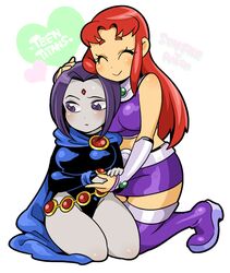 2girls belt big_breasts boots breasts closed_eyes curvy dc dc_comics doboshiru forehead_jewel grey_skin koriand'r leotard long_hair looking_down miniskirt orange_skin purple_eyes purple_hair rachel_roth raven_(dc) red_hair short_hair skirt smile starfire straight_hair teen_titans thigh_high_boots zettai_ryouiki