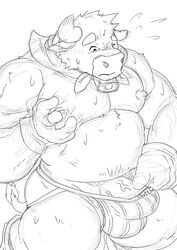 2021 anthro araiguma_11 blush bodily_fluids bovid bovine bulge cattle clothing furry genitals jockstrap kemono male mammal monochrome moobs nipples overweight overweight_anthro overweight_male penis simple_background sketch solo sweat underwear white_background