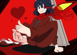 1girls barefoot black_hair blue_eyes feet female female_only foot_focus imasourlemon kill_la_kill matoi_ryuuko red_hair senketsu short_hair sitting smile soles solo toenails toes two_tone_hair