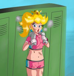 1girls blonde_hair blue_eyes breasts busty crown earrings female female_only football football_player football_uniform human jewelry lipstick locker_room long_hair looking_at_viewer mario_(series) mario_strikers midriff nintendo open_mouth pink_shorts ponytail princess_peach short_shirt short_shorts shorts soccer_uniform sweat tagme thighs tied_hair towel towel_around_neck wildswingding