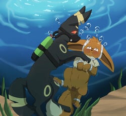 1boy 1girls 3_toes anatomically_correct anatomically_correct_pussy animal_genitalia animal_pussy asphyxiation belly big_ears black_eyes black_fur blue_background blush bondage breath breath_play breathing brown_eyes brown_fur bubble bubbles canine canine_pussy drowning eevee eeveelution feet female feral half-closed_eyes holding_breath larger_male long_ears looking_away male mammal mask motion_lines nintendo no_nipples nude original_character paws pokémon_(species) pokemon pokemon_gsc pokemon_rgby pussy red_sclera scuba sheath side_view size_difference smaller_female stripes tail umbreon underwater video_games water wavy_mouth wide_hips xxgato yami yellow_fur