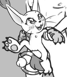 2019 anthro blush bodily_fluids claws clothing digimon digimon_(species) digital_media_(artwork) duo erection felid female forurune fur gatomon genital_fluids gloves handwear holding_(disambiguation) human male mammal monochrome nipples nude open_mouth penis pussy simple_background sitting_on_penis size_difference smile spread_legs spreading straight