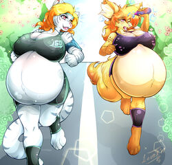 2girls 4_toes anthro anthro_only belly breasts canine digitigrade_legs exposed_midriff feline fox heterochromia hyper_pregnancy jogging large_belly large_breasts leonkatlovre midriff nipples_visible_through_clothing orange_hair outside pink_eyes pregnant pregnant_belly pregnant_female ready_to_pop shorts tiger water_bottle yellow_eye