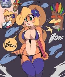 1girls activision aku_aku animal_ears anthro awooga bandicoot big_breasts bikini black_nose blonde blonde_hair blue_bikini blue_flower blue_legwear blue_stockings blue_swimsuit blue_thighhighs blush blushing breasts busty captain_kirb cleavage clothing coco_bandicoot computer crash_(series) crash_bandicoot_(series) curvy electronics embarrassed eyelashes female female_focus flower front-tie_bikini fully_clothed furry green_eyes hair_flower halterneck highres holding_object huge_breasts laptop large_breasts legwear looking_at_partner looking_down looking_up mammal marsupial mask naughty_dog navel nervous open_mouth orange_fur sexually_suggestive shirt shocked side-tie_bikini simple_background sony_corporation sony_interactive_entertainment speech_bubble standing stockings string_bikini surprised suspenders sweat sweatdrop sweating swimsuit teeth text thick_thighs thighhighs tongue video_game video_games voluptuous white_shirt wide_hips worried