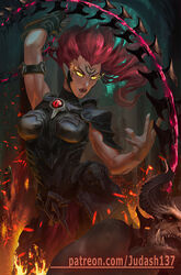 armor armpits boots breastplate chains darksiders female fury_(darksiders) glowing glowing_eyes judash137 lips long_hair looking_at_viewer muscle red_hair smile solo weapon whip yellow_eyes