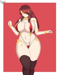 areola_slip areolae commission curvaceous curvy fae-sama female flower frisk pinup red_hair simple_background sling_bikini solo solo_focus thick_thighs thighhighs undertale voluptuous