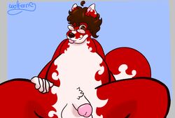 balls belly brown_hair clothing eyewear flaccid fur glasses hair heart hi_res humanoid_penis looking_at_viewer male_only mammal nude overweight penis red_fur simple_background slightly_chubby spread_legs spreading tongue tongue_out wolferno wolferno_(character)