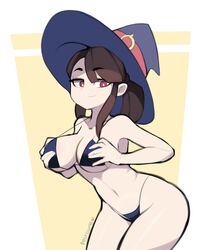 1girls adapted_costume aged_up akko_kagari alternate_ass_size alternate_body_type alternate_breast_size alternate_costume alternate_hairstyle bikini brown_hair female female_only grabbing_own_breast huge_breasts little_witch_academia looking_away older ponytail postblue98 red_eyes smile smirk smug solo solo_female solo_focus witch witch_hat